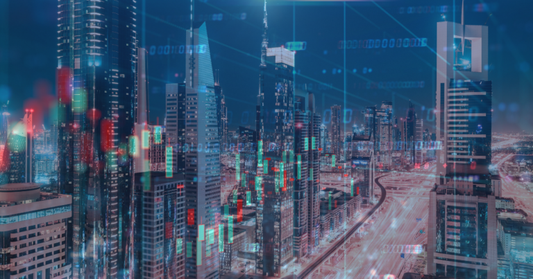Night skyline of a modern financial city with skyscrapers and highways, overlaid with stock market charts and data graphics, representing global real estate investment and market dynamics.