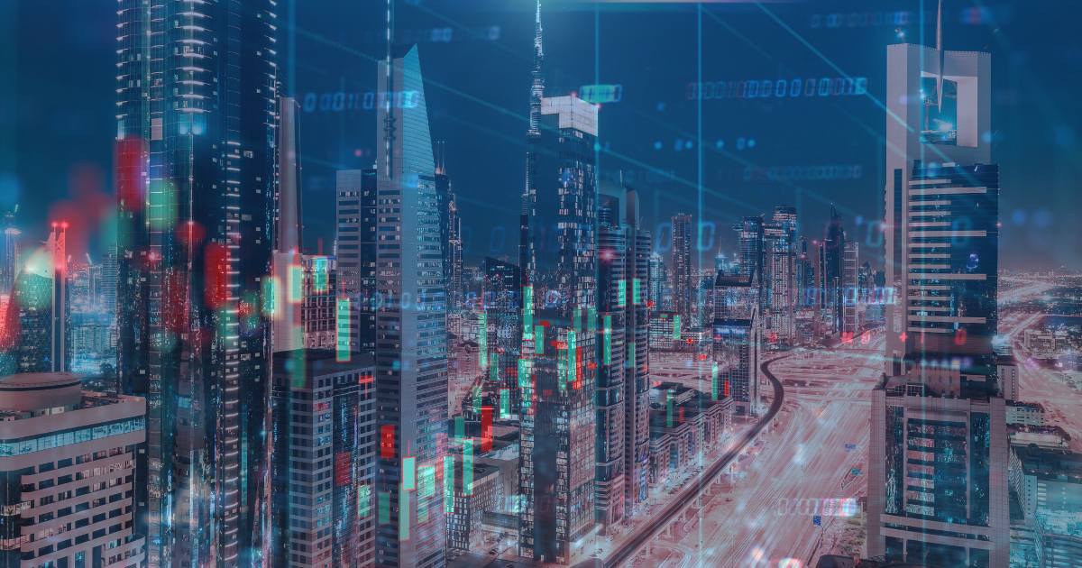 Night skyline of a modern financial city with skyscrapers and highways, overlaid with stock market charts and data graphics, representing global real estate investment and market dynamics.